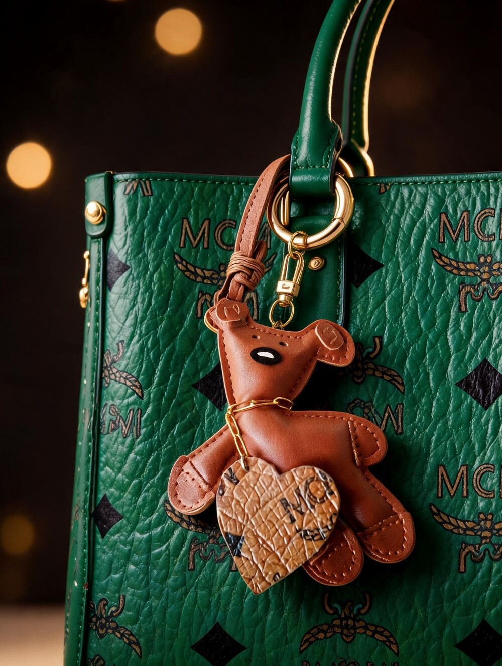 MCM Brown Leather Teddy Bear Bag Charm with Gold Accent Keychain